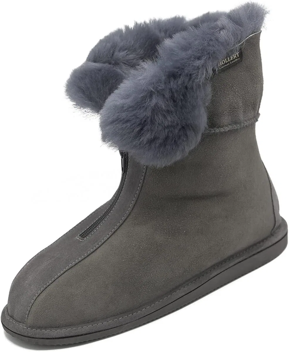 Hollert Женские и мужские тапочки из овечьей кожи, модель Alaska Grey Hut, меховые туфли на молнии, 100% мериносовая овчина для комфорта, теплые, дышащие — фото 2