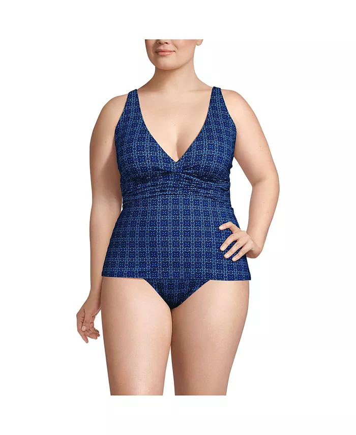 

Топ танкини размера плюс с V-образным вырезом и глубоким вырезом на спине Lands' End, синий