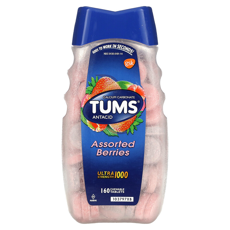 

Tums, Сверхсильный антацид, ягодное ассорти, 1000 мг, 160 жевательных таблеток