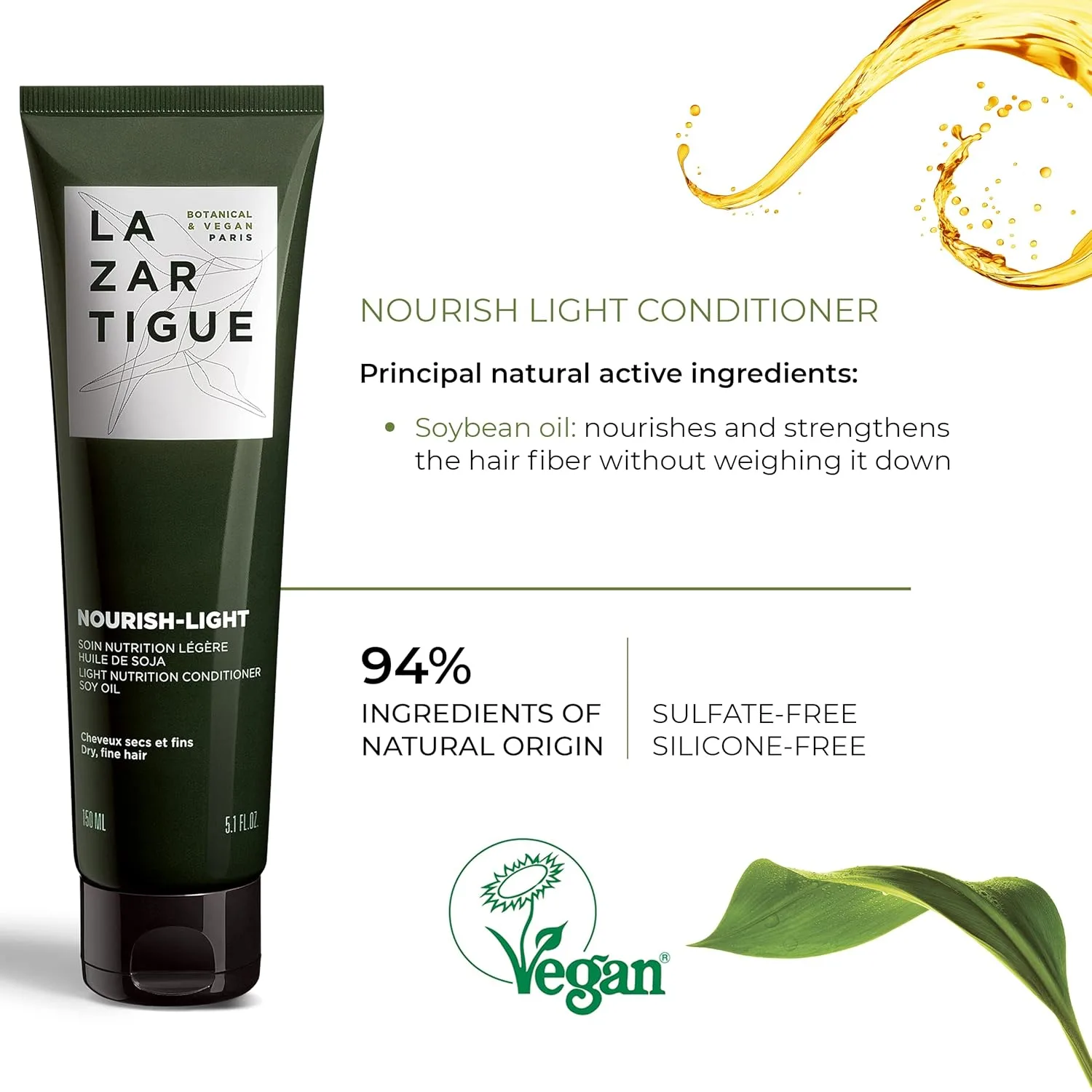Lazartigue Nourish Light Conditioner, Botanical & Vegan, без силиконов, обогащен соевым маслом, легкое увлажнение для сухих тонких волос, 150 мл — фото 4