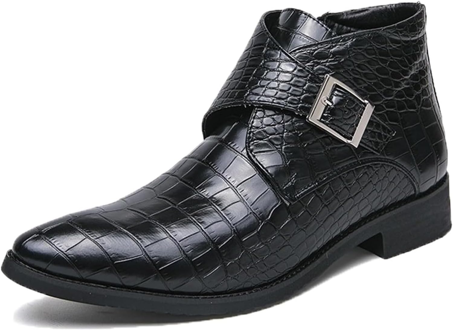 

Мужские кожаные челси с тиснением под крокодила, модные ботинки с заостренным носком, ремешком, невысоким массивным каблуком, боковой молнией, для делового и повседневного ношения Generic, черный