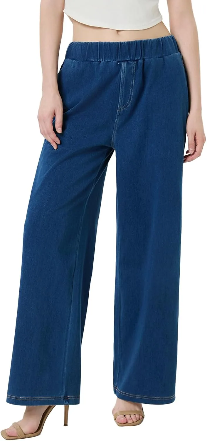 

Джинсы Wide Leg для женщин High Waisted Pull on Loose Baggy Stretchy Casual Trendy Elastic Waist Mid-Blue MolyPark