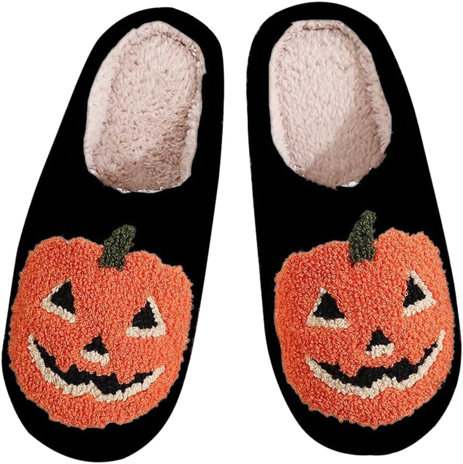 

Тапочки BEHEGTYE на Хэллоуин для женщин и мужчин, пушистые теплые осенне-зимние милые тапочки с тыквой, черепом и привидением, удобные домашние тапочки-слипы для дома и улицы, Pumpkin-a