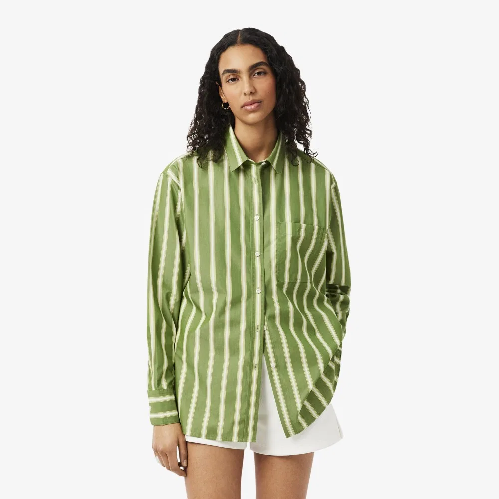 Рубашка Lacoste Классическая Поплиновая Оверсайз, в зеленую полоску
