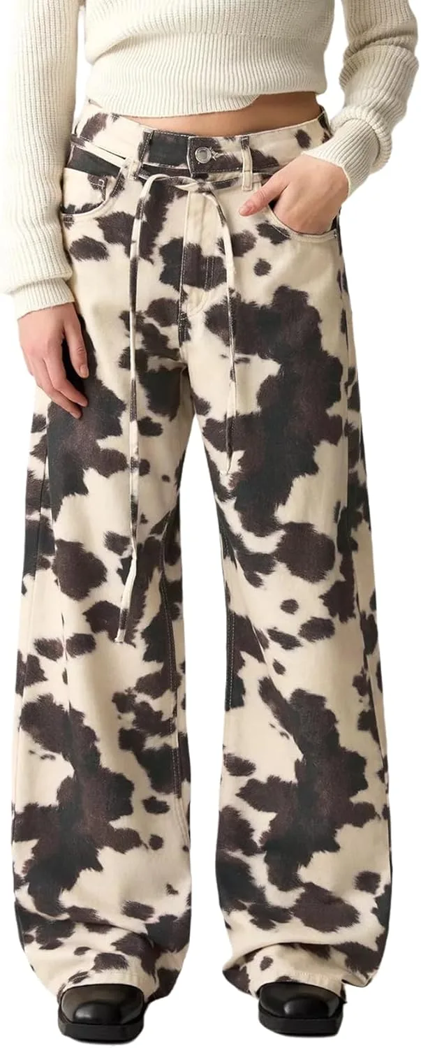 

Женские джинсы Vintage Cow Print High Waist Distressed Belted Loose Straight Leg YADMISU