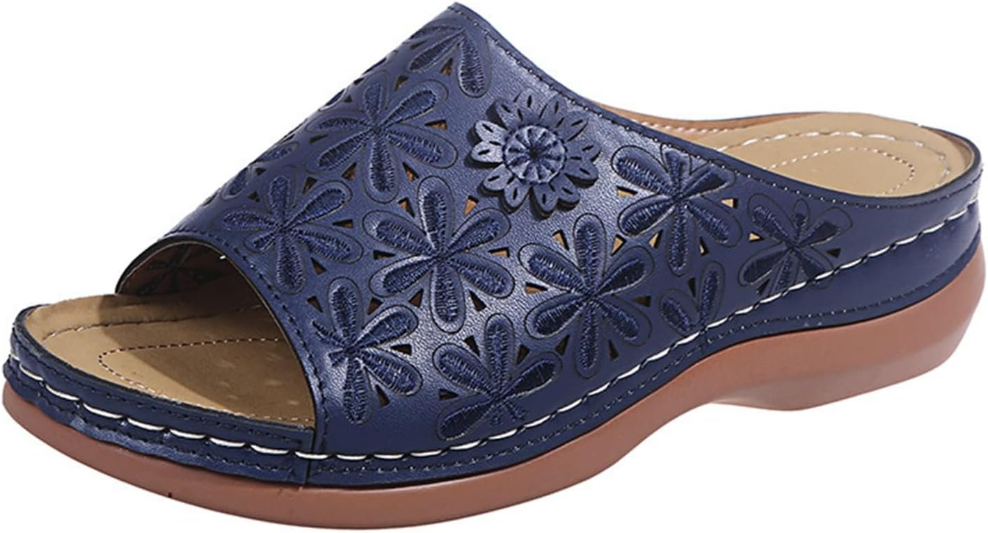 

Женские сандалии на танкетке Ортопедические сандалии для женщин С декоративными вырезами и цветами Дышащая обувь, удобные тапочки для ходьбы Повседневные сандалии с открытым носком, носить целый день с комфортом Generic, темно-синий