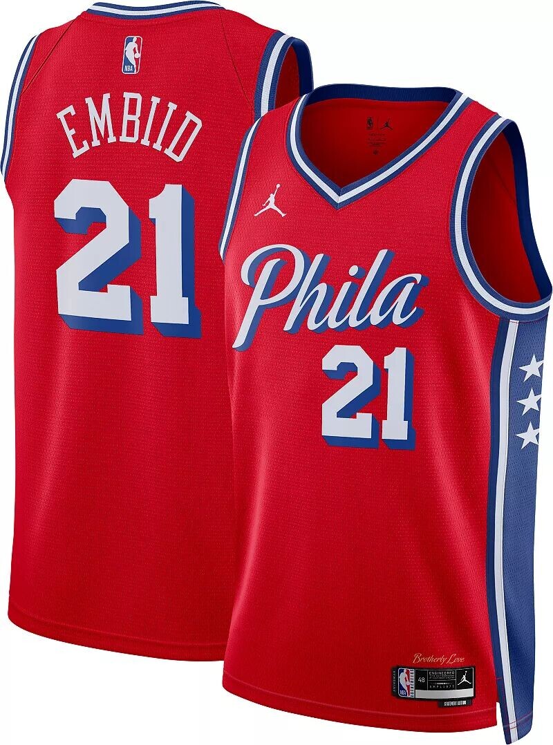 

Jordan Мужская красная майка Nike Philadelphia 76ers Joel Embiid #21 Dri-FIT Swingman