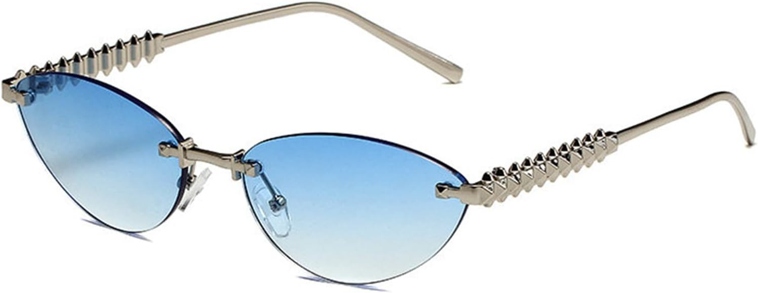 

willochra Модные безободковые металлические солнцезащитные очки «кошачий глаз» в винтажном стиле, маленькие овальные, для активного отдыха, с защитой от УФ-излучения UV400, для женщин и мужчин, Blue
