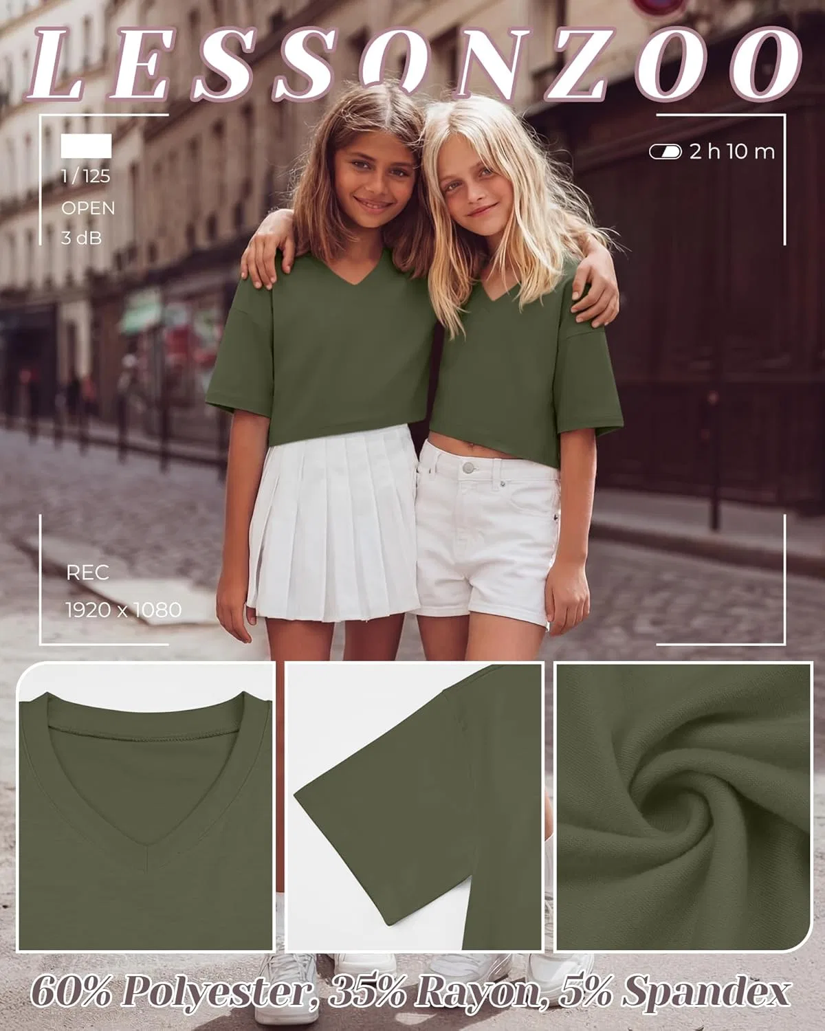 Детские топы-кропы с V-образным вырезом LessonZoo, 4 штуки, Black, White, Light Gray, Army Green — фото 4