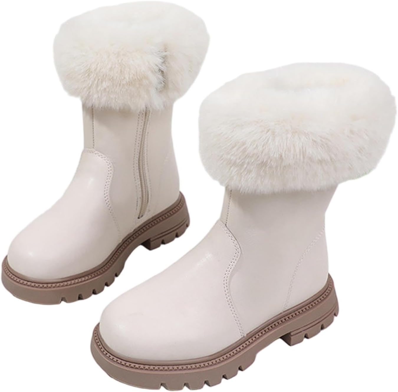 

Зимние пушистые элегантные кожаные ботинки с боковой молнией, на высокой платформе, массивной подошве, стойкие к скольжению, водонепроницаемые уличные боевые ботинки Generic, Beige