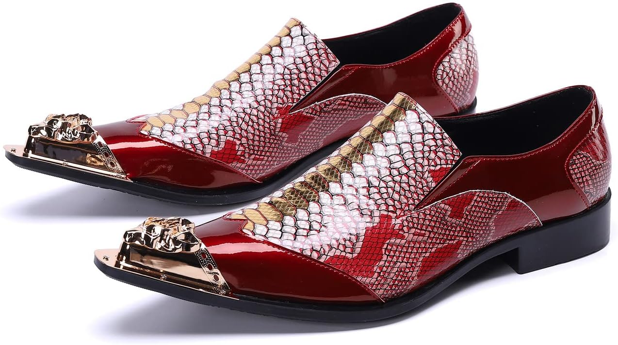 

Мужские классические лоферы Santimon из натуральной кожи с металлическим носком, без застежки, смокинговые, с декоративным принтом под змею, роскошная модная обувь для свадьбы, красный