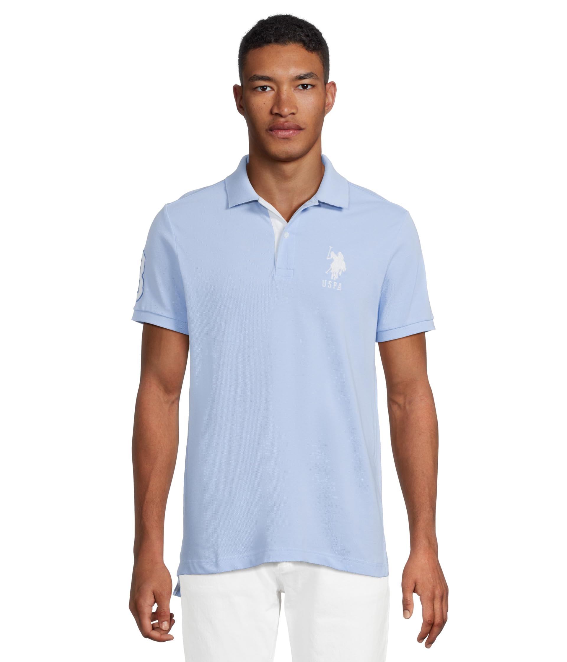 

Поло U.S. POLO ASSN. Slim Fit Big Horse Polo With Stripe Collar, Open Air BlueSee Less