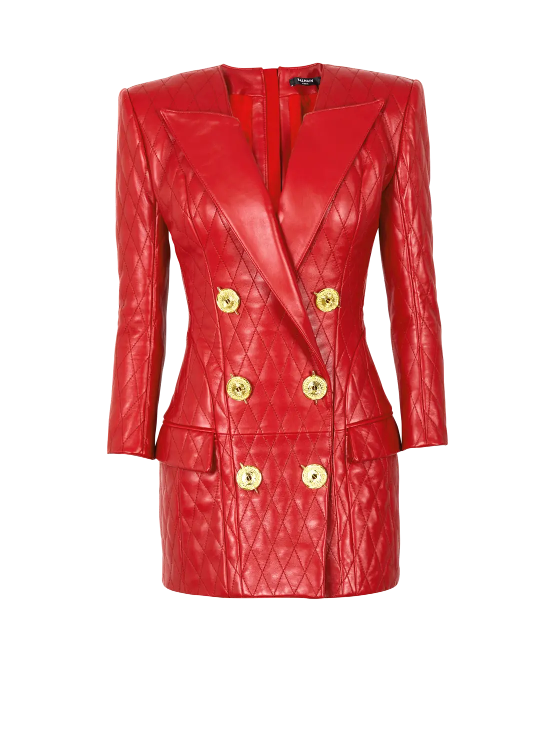 

Короткое стеганое кожаное платье Balmain, красный