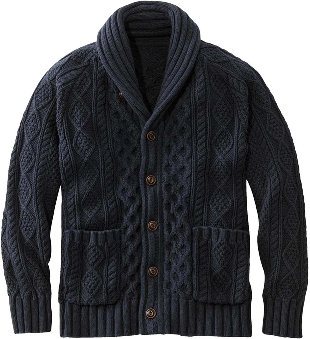 

Мужской кардиган с воротником шаль и кабельной вязкой