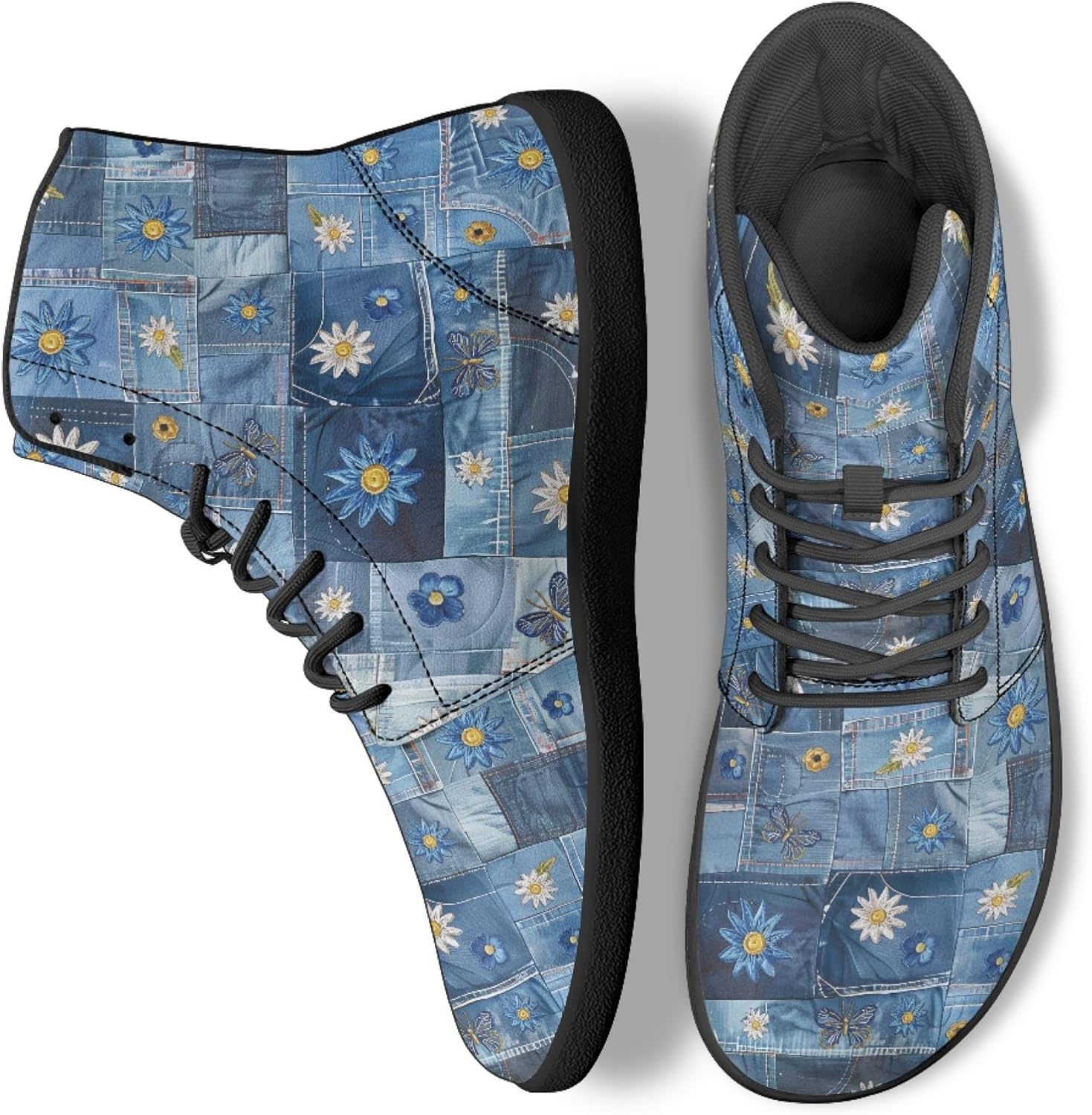 

Персонализированные кроссовки с принтом для мужчин и женщин, из искусственной кожи, высокие, босоножки Arleeorkee, Denim Floral