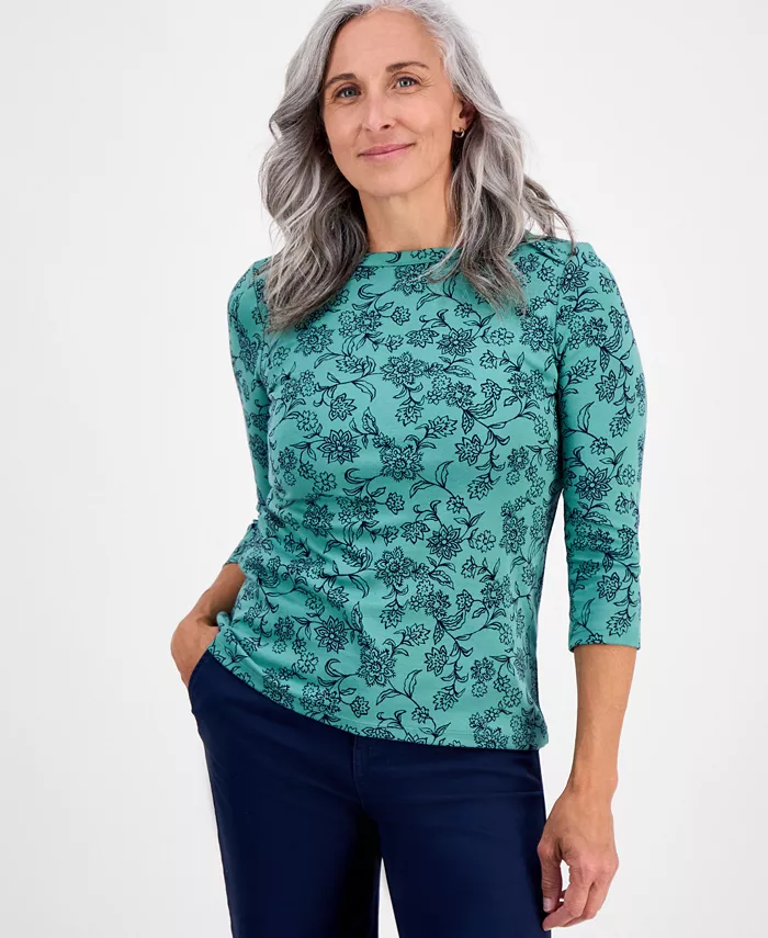 

Маленькая хлопковая блузка с цветочным принтом и рукавом 3/4 с лодочкой Style & Co, зеленый