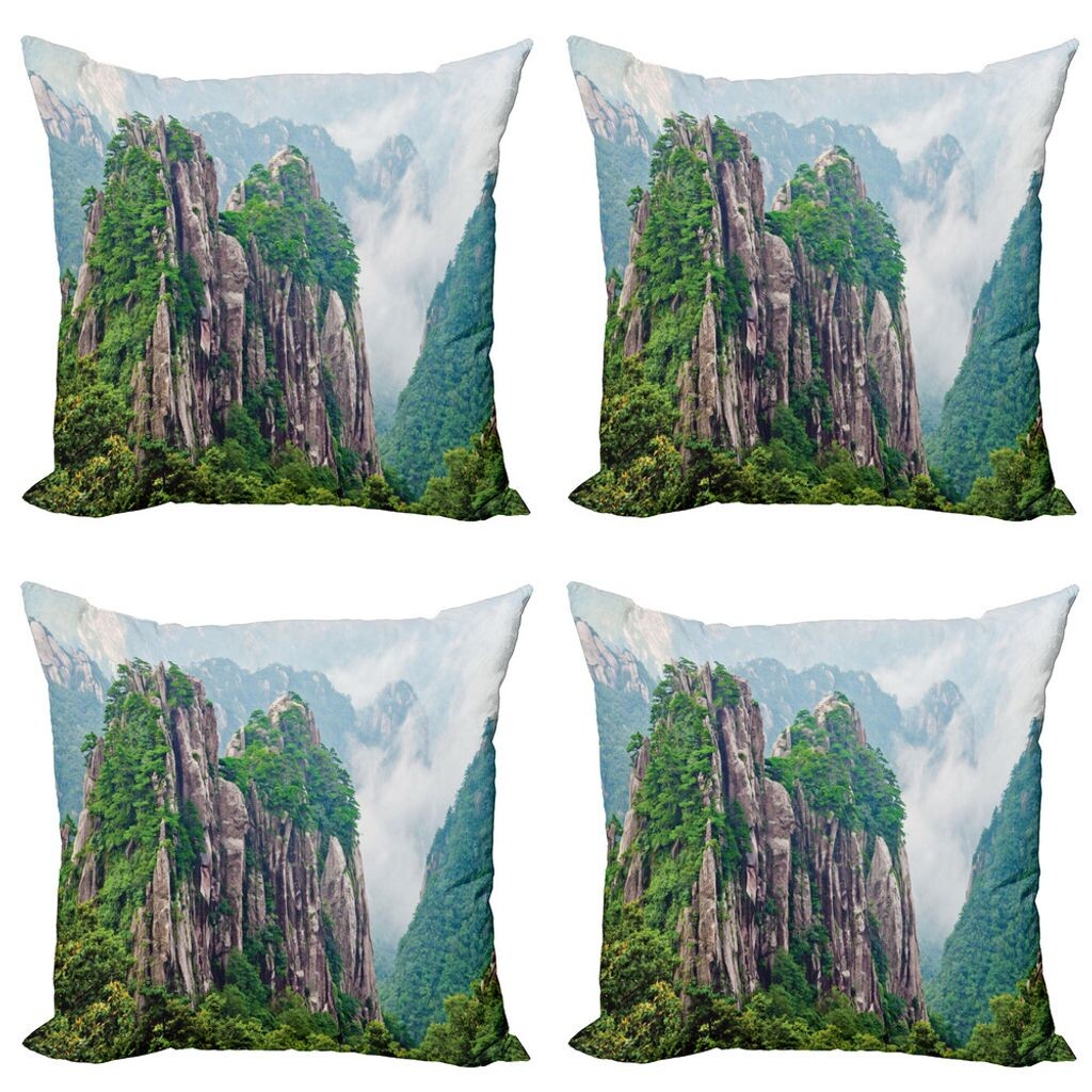 

ABAKUHAUS Mountain Набор чехлов для подушек (4 предмета), Китайский пейзаж, природа, современная двусторонняя цифровая печать, 40 см x 40 см, Зеленый Коричневый Белый