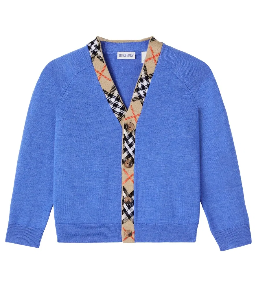 Шерстяной кардиган Burberry в клетку Burberry Kids, синий