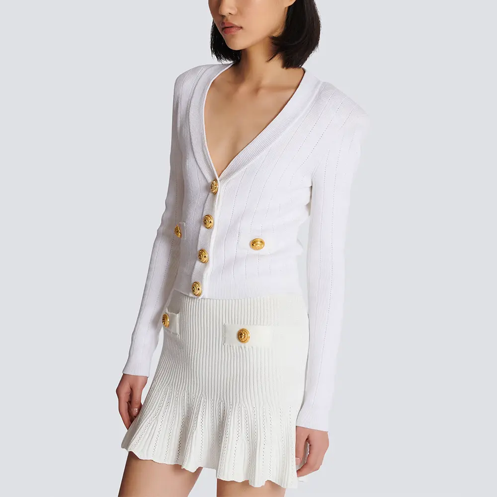 Кардиган с пуговицами из ребристой вязки BALMAIN, белый — фото 4