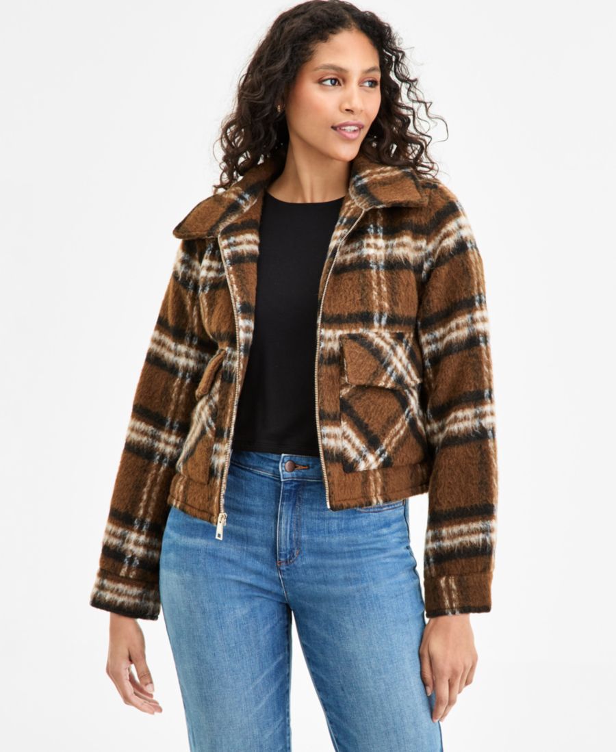 

Женское пальто в клетку с воротником и застежкой-молнией спереди BCBG, Brown Fuzzy Plaid