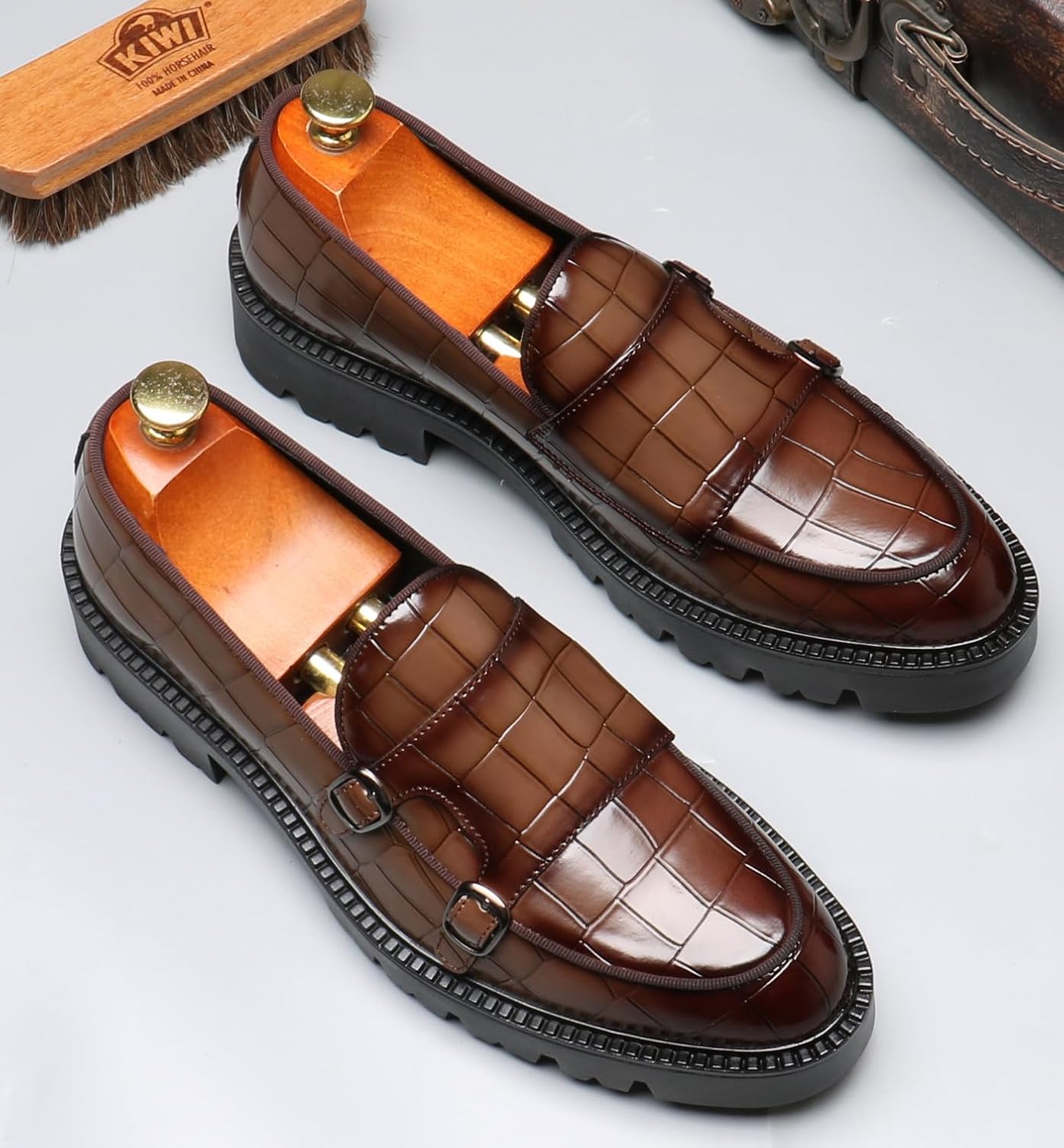 Мужские лоферы Santimon Loafers, повседневные, на каблуке, без шнурков, из лакированной кожи, с узором «шотландка», пенни-лоферы, смокинг, туксо, свадебные мокасины, официальная обувь для бизнеса и выпускного, коричневый — фото 4