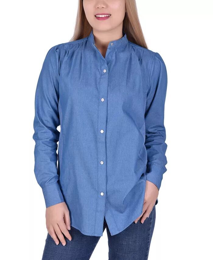 

Миниатюрная блузка из шамбре с длинными рукавами NY Collection, синий