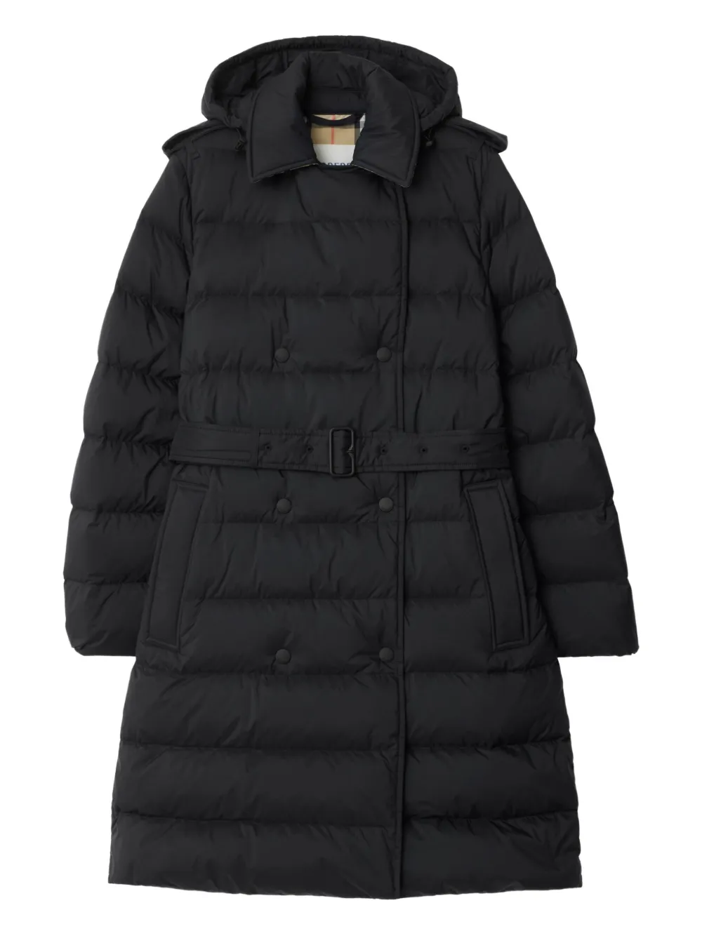

Двубортный пуховик с поясом BURBERRY, черный