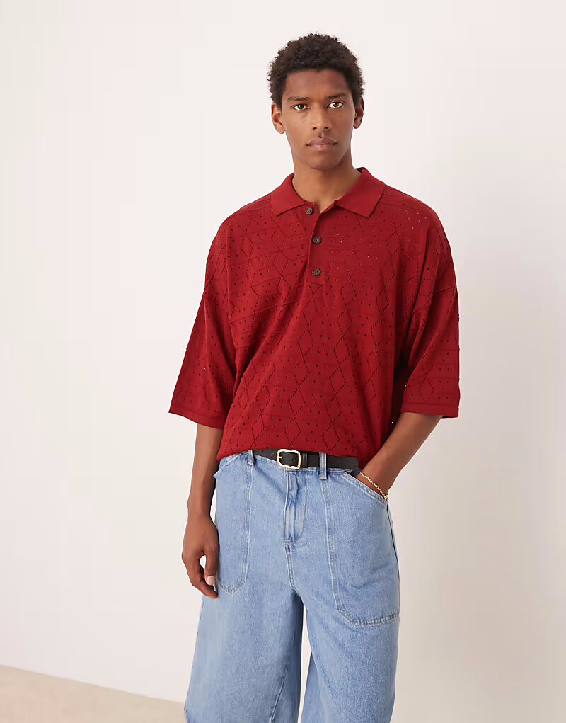 

Поло свободного кроя с заниженной линией плеч ASOS DESIGN бордового цвета