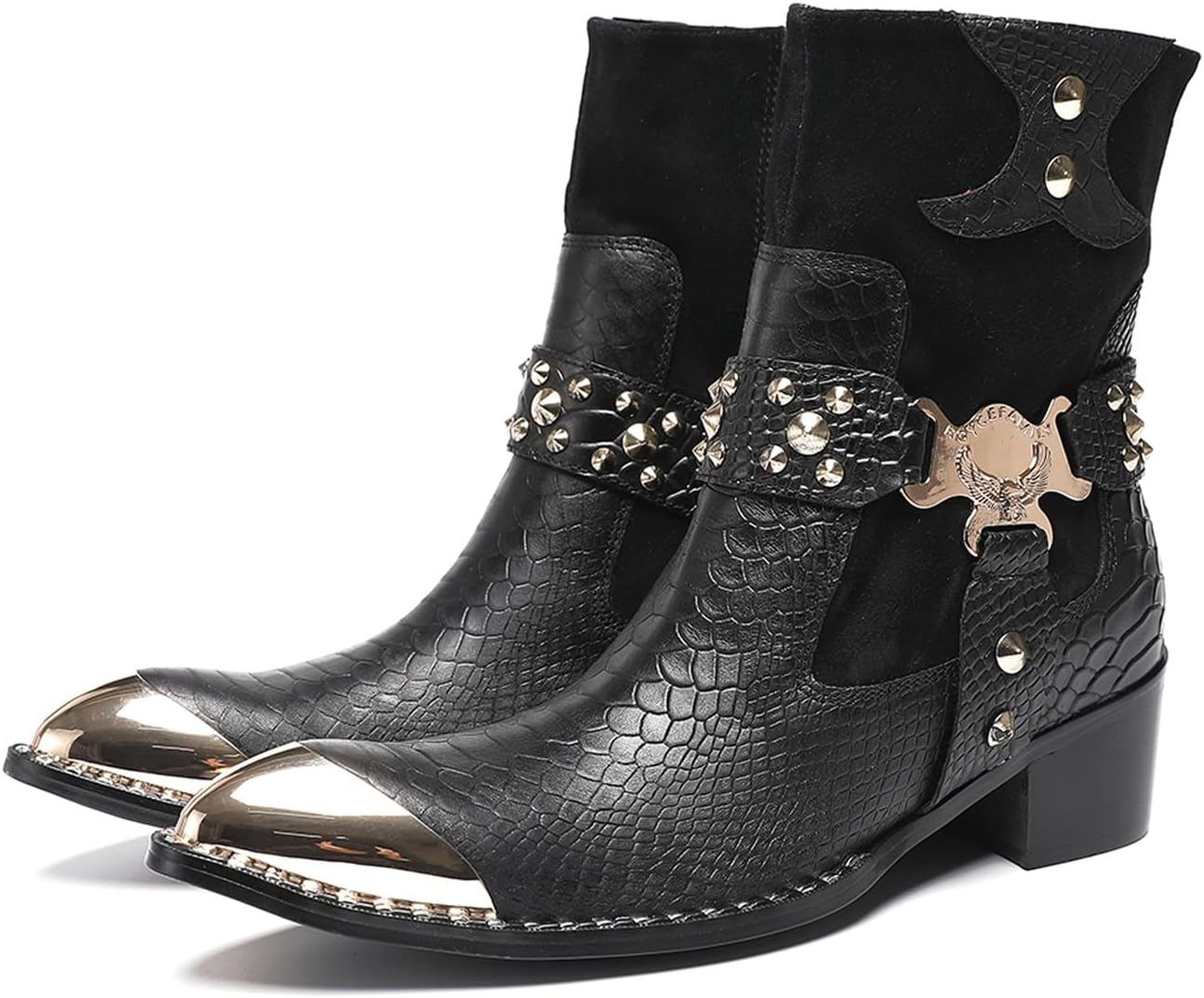 

Мужские вестерн-ботинки Santimon с заклепками и металлическим носком - настоящая кожаная панк-ковбойская обувь с пряжкой в виде черепа, боковой молнией и заостренным носком - готические ботинки для вечеринок для сцены и бара, черный