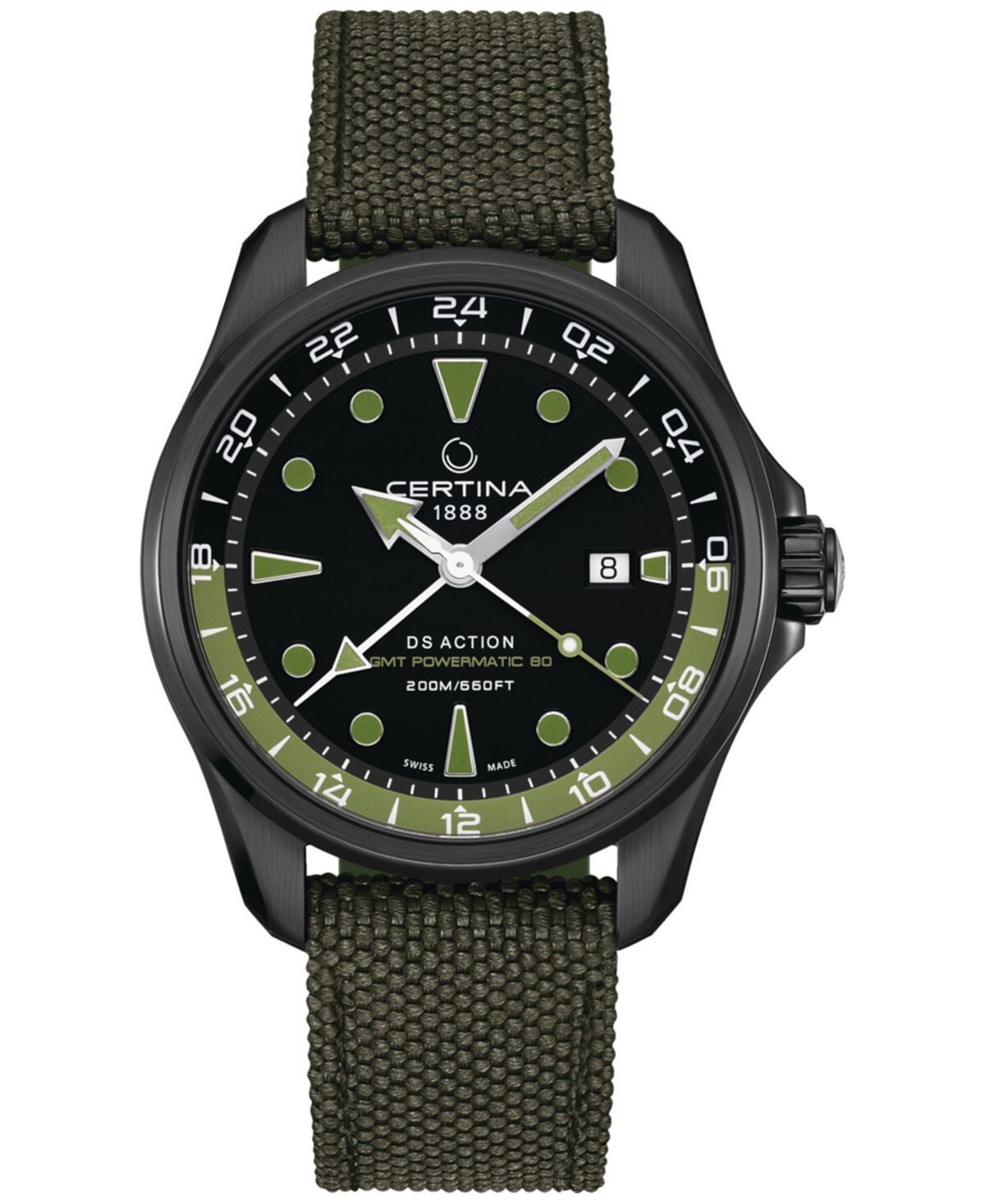

Мужские швейцарские автоматические часы DS Action GMT с зеленым синтетическим ремешком, 43 мм Certina