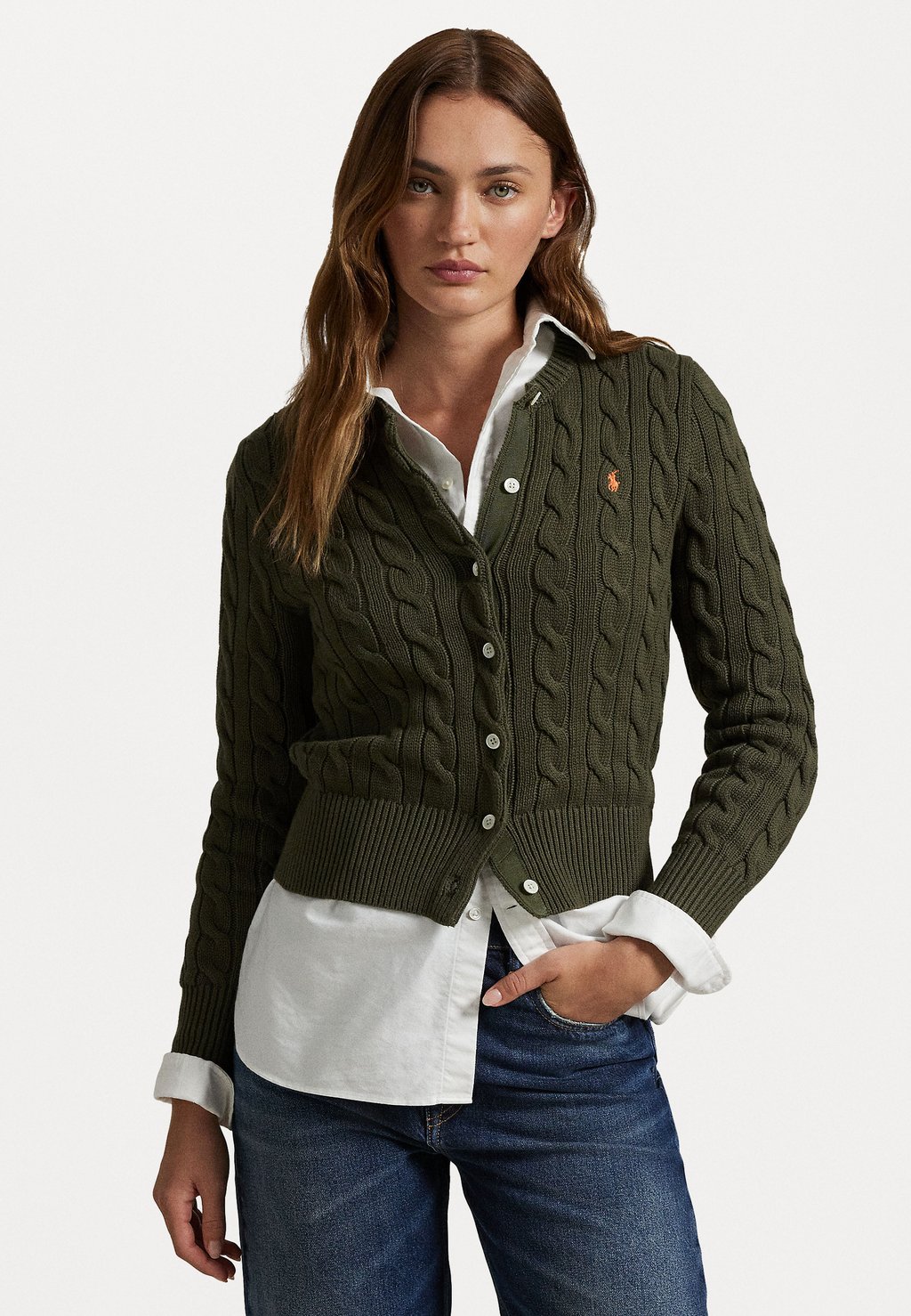 

Кардиган CABLE KNIT COTTON CREWNECK CARDIGAN Polo Ralph Lauren, оливковый
