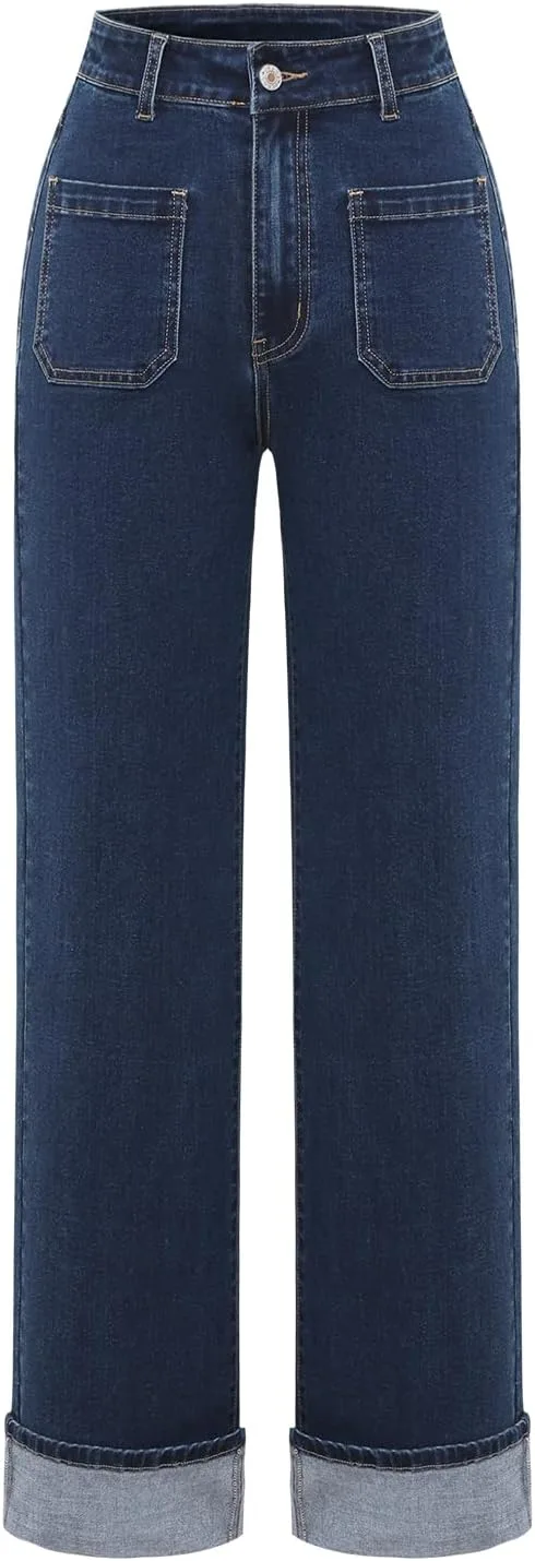 Женские джинсы High Waisted Stretchy Cuffed Wide Leg с карманами