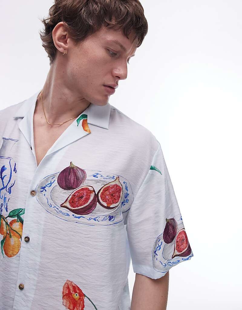 

Рубашка свободного кроя Topman – голубого цвета с нарисованным вручную узором