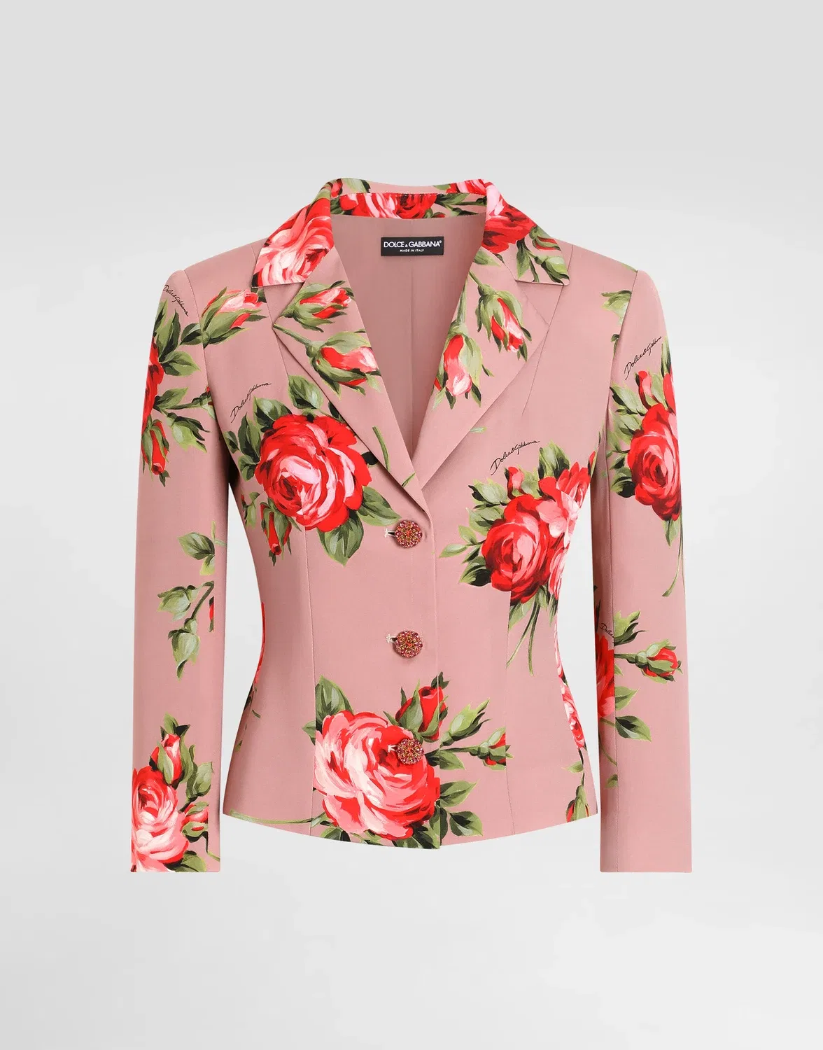 Однобортный жакет из шармеза с принтом розы-букета Dolce & Gabbana, зеленый