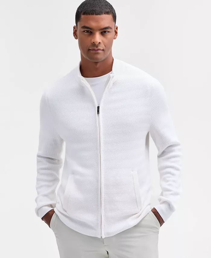 

Мужской свитер с длинным рукавом и молнией спереди, фактурный узор зигзаг Alfani, белый