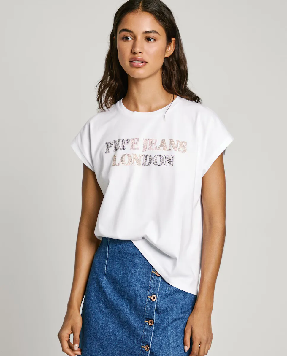

Женская футболка с коротким рукавом и логотипом из стразов Pepe Jeans, белый