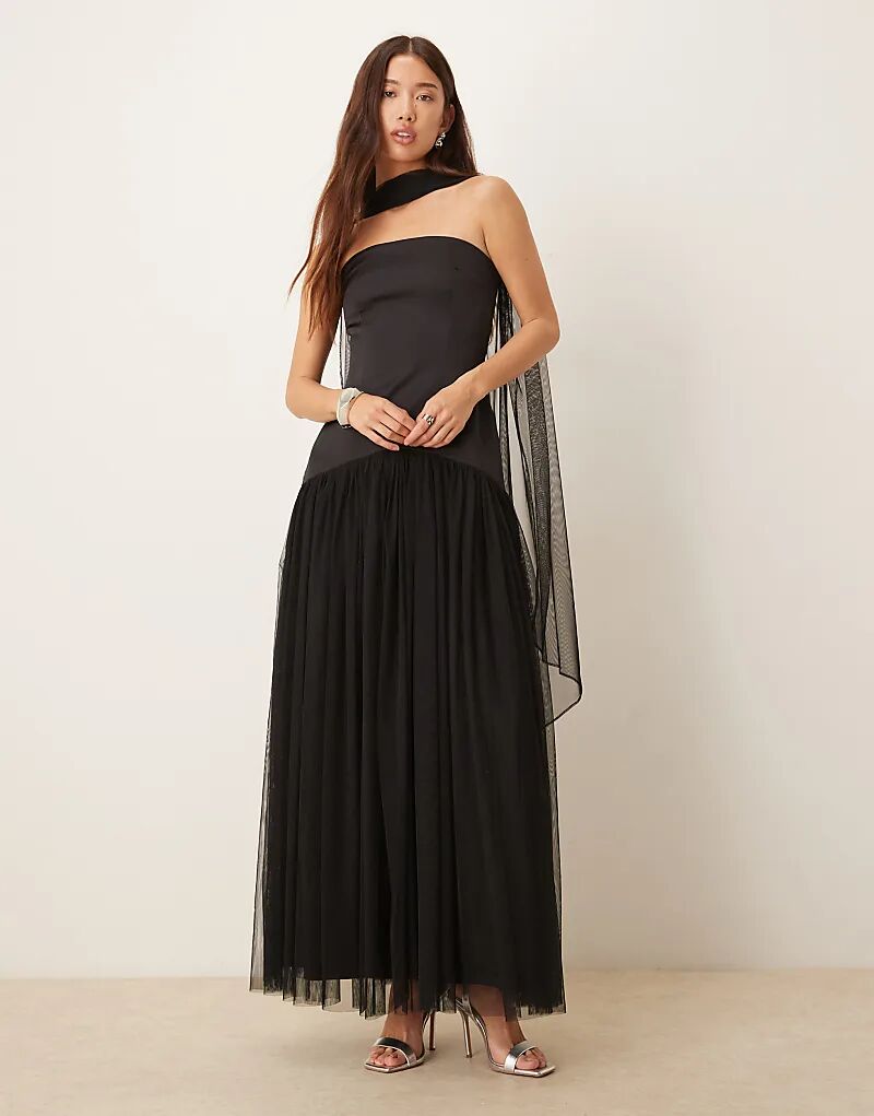 

Платье-бандо из тюля с кружевом и бисером Lace & Beads, макси, с заниженной талией и шарфом, черное