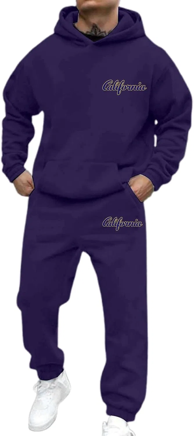 Мужской спортивный костюм из 2 предметов с капюшоном и штанами, Vintage California, A02-dark Purple