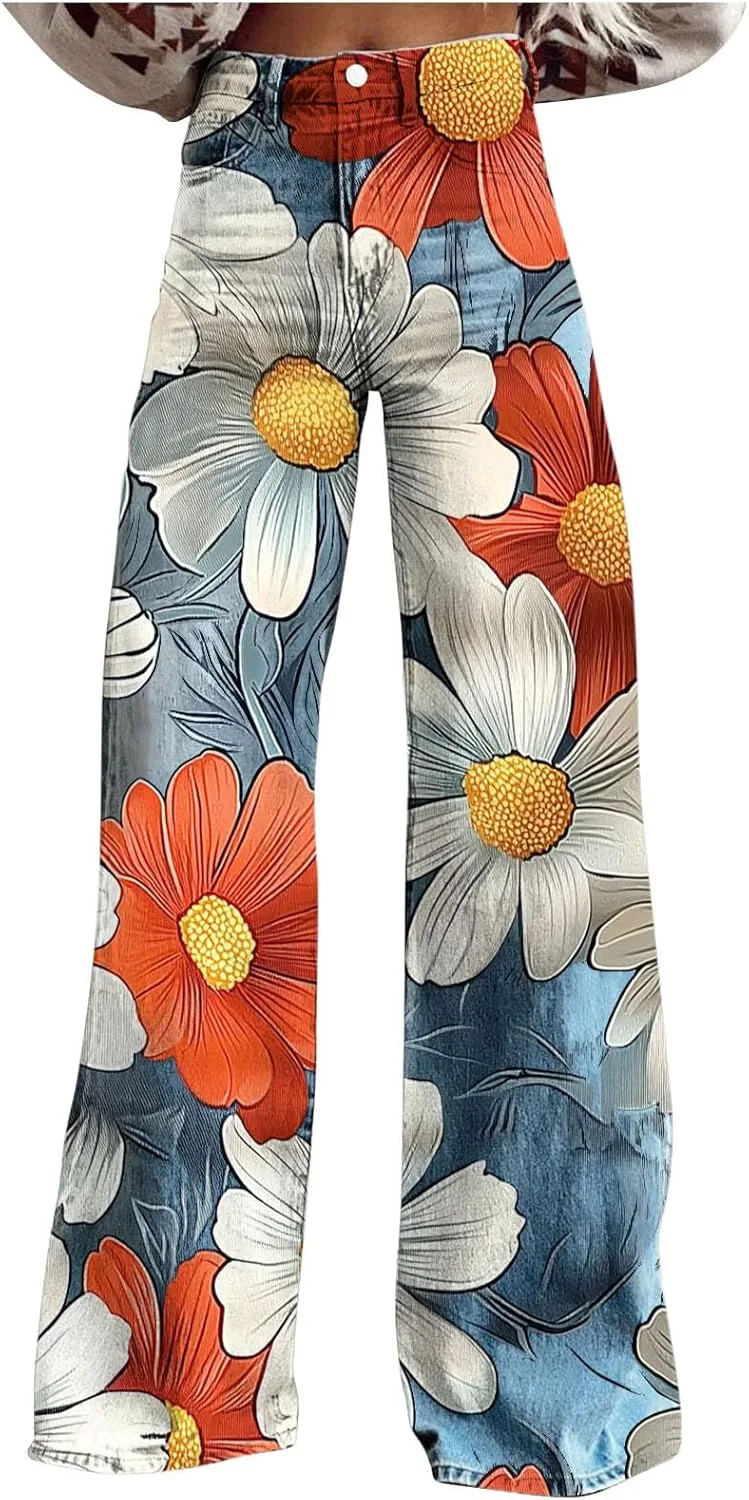 

Женские джинсы с высокой талией и широкими штанинами в стиле baggy с цветочным принтом