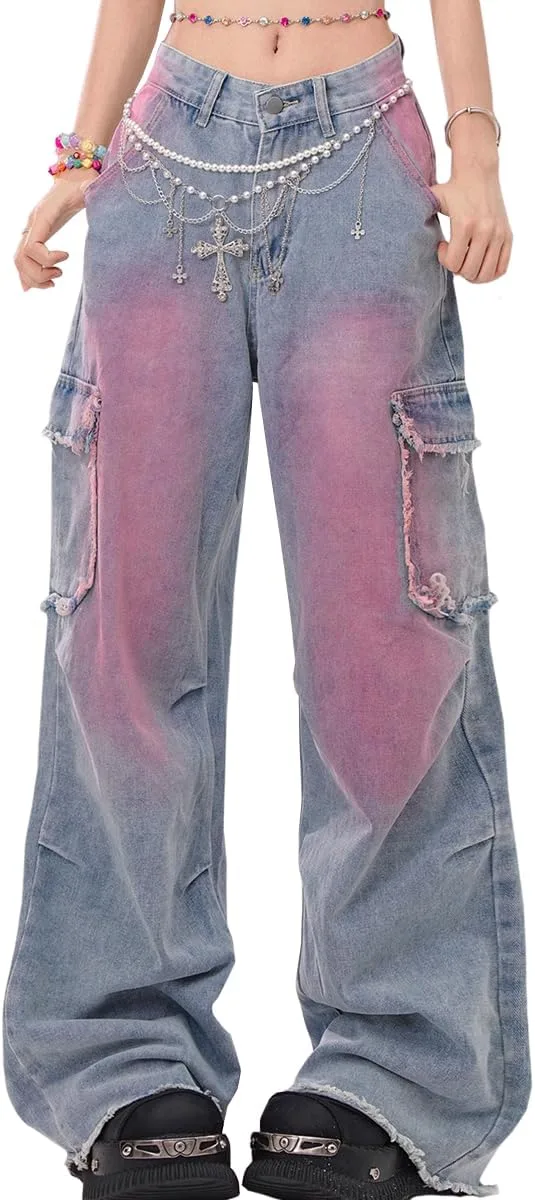 

Женские джинсы Y2K Vintage Casual Low Waist Baggy Wide Leg Pink Tie-Dye Gradient Straight Denim kakarin choyx