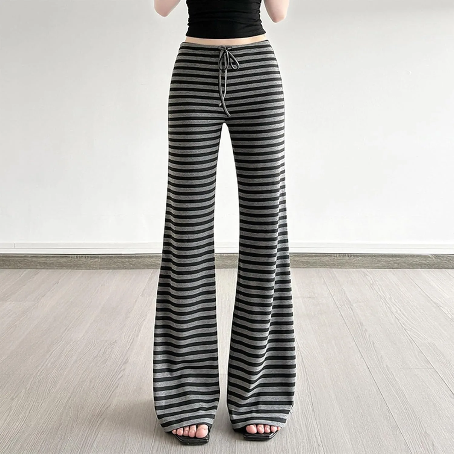 Женские расклешенные брюки Bell Bottoms с широкими штанинами и высокой посадкой, эластичные модные Y2K штаны для отдыха, тренировок и йоги Generic, черный — фото 2
