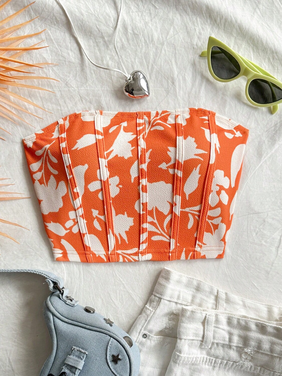 

SHEIN WYWH Женский оранжевый короткий укороченный топ с цветочным принтом Подходит для повседневного использования или выхода в свет, оранжевый цвет