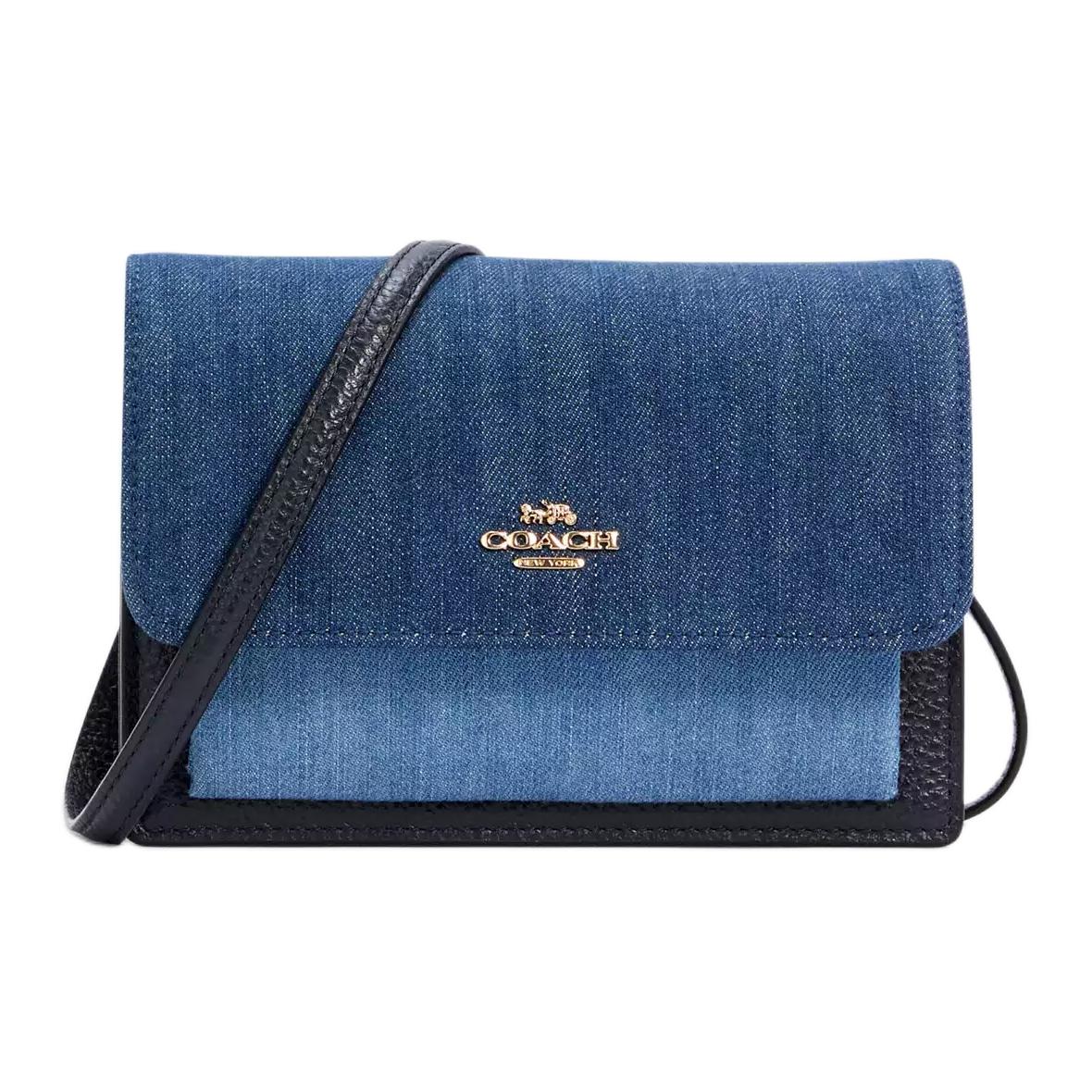 

COACH Складная джинсовая сумка с кожаными вставками, маленькая квадратная, через плечо, на ремне, женская, джинсовая, синяя