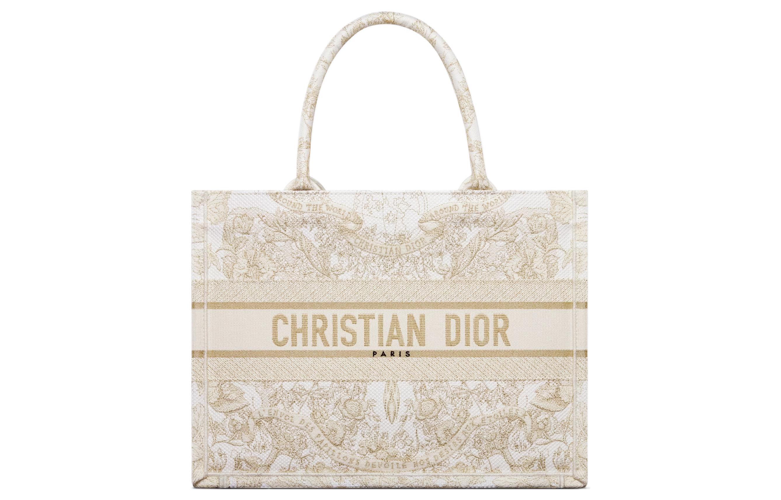 

Вышитая сумка-шоппер, хозяйственная сумка, дамская сумка среднего размера золото и белый DIOR