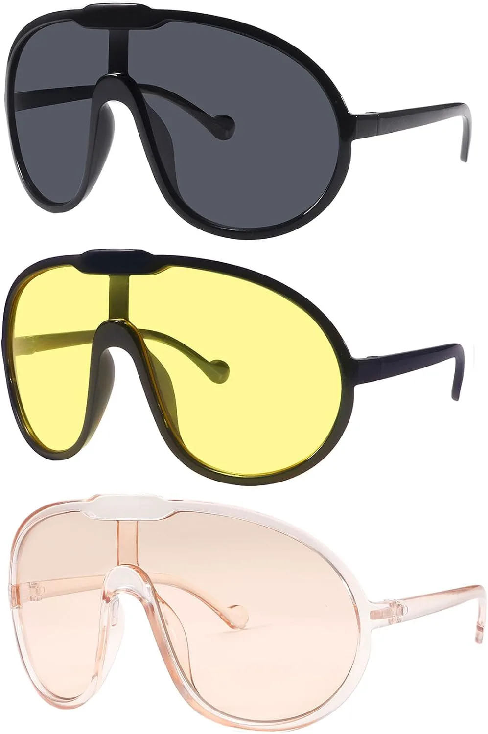 

Солнцезащитные очки Dollger Oversized One Piece для женщин и мужчин, модные, с обтекаемой формой и защитой от УФ-излучения UV400, 3 Packs: Black+champagne+yellow