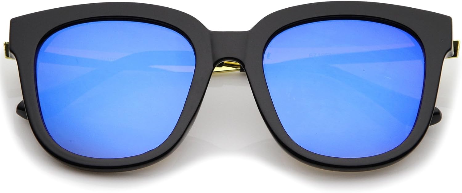 

Солнцезащитные очки zeroUV в современном стиле с металлическими дужками и оправой из рогового камня, квадратными зеркальными линзами и плоскими линзами, модель «кошачий глаз», диаметр линз 54 мм, Black-gold / Blue Mirror