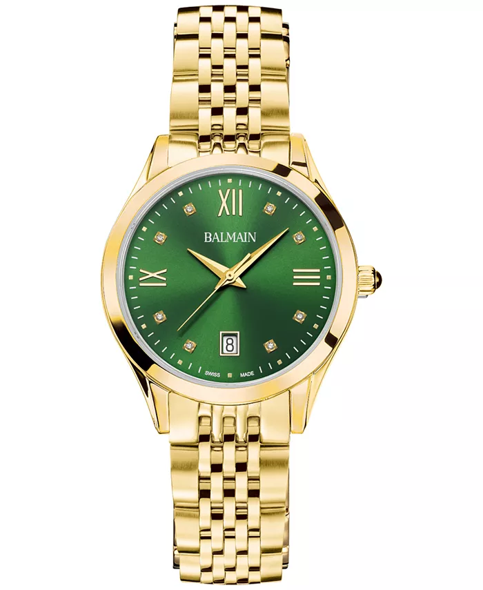 

Женские часы Swiss Classic R с бриллиантовыми вставками, корпус из нержавеющей стали с золотым PVD-покрытием, браслет, 34 мм Balmain