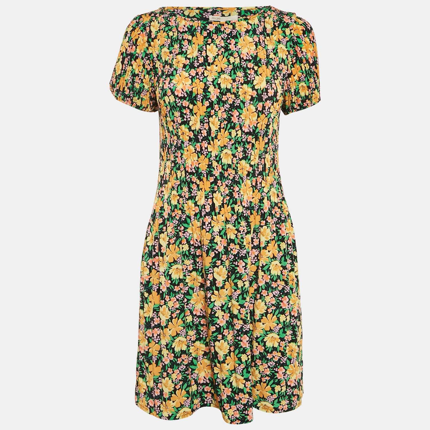 

Мини-платье Maje из крепа с плиссировкой и разноцветным цветочным принтом