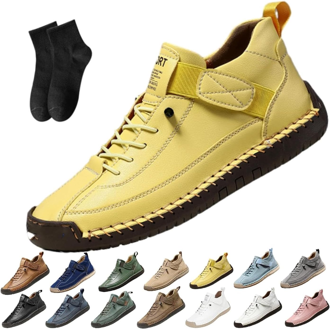

Женские кожаные кроссовки, женская ручная работа кожаные ортопедические удобные туфли - поддержка свода стопы, регулируемые комфортные ортопедические туфли, мягкие удобные слипоны Noworfewer, желтый