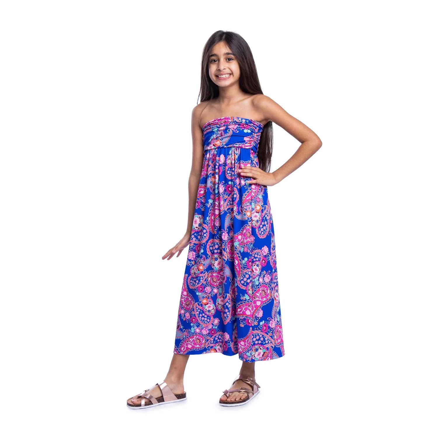 24seven Comfort Apparel 24sevenkid Девочки, синее длинное платье-макси без бретелей с узором пейсли